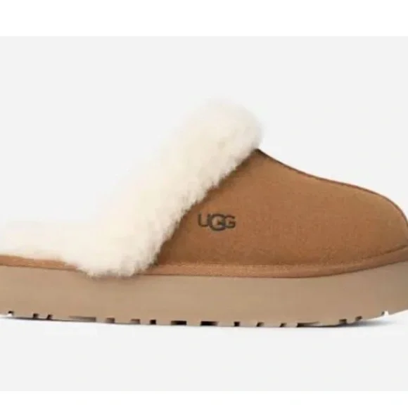 UGG Disquette Suede Sheepskin Slip-On Slipper Size 7 Tan Platform Slippers - Picture 1 of 7